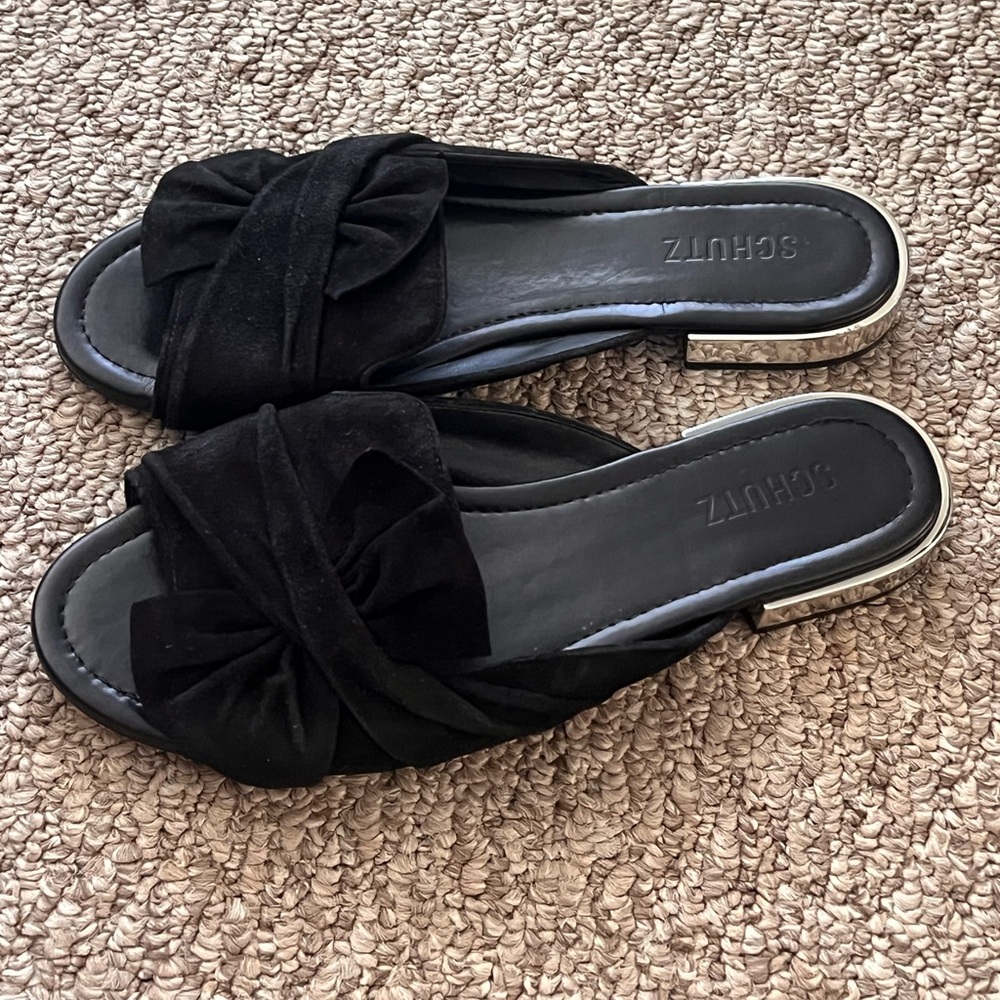 SCHUTZ Black Bow Suede Open Toe Slide Sandals with Metallic Heel Accent
